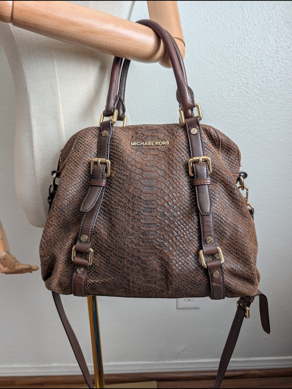 Michael Kors Vintage Brown Leather Bowling Bag Snake-Embossed Satchel